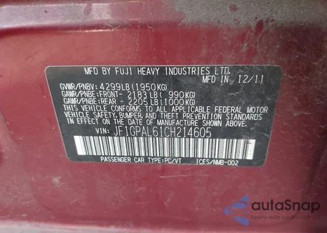 2012 Subaru Impreza 2.0I Sport Premium from USA, damaged, VIN JF1GPAL61CH214605